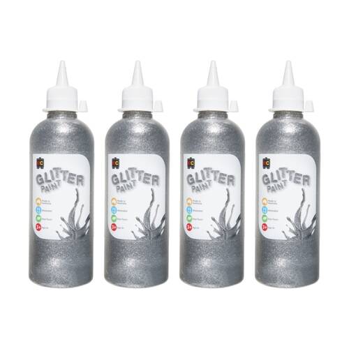 4PK Educational Colours Glitter Acrylic Junior Paint Silver 500ml 3y+