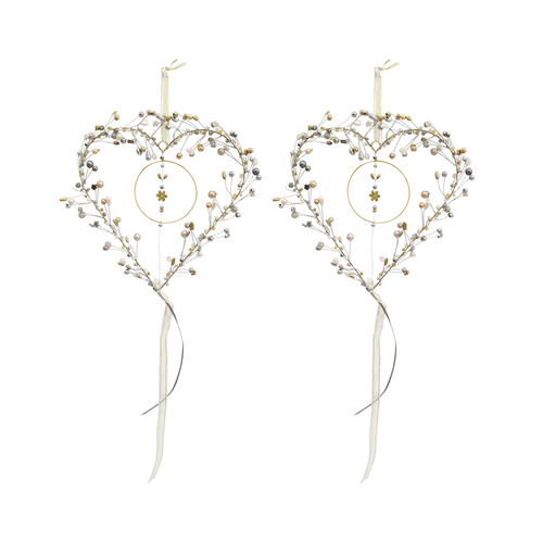 2PK LVD Handcrafted Champagne Beaded Wire Heart Hanging Decorative Ornament 17cm