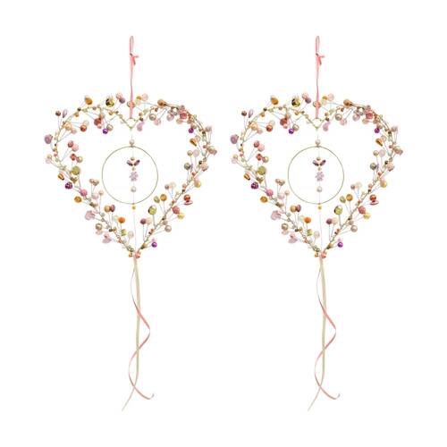 2PK LVD Handcrafted Salmon Rose Beaded Heart Hanging Decorative Ornament 17cm