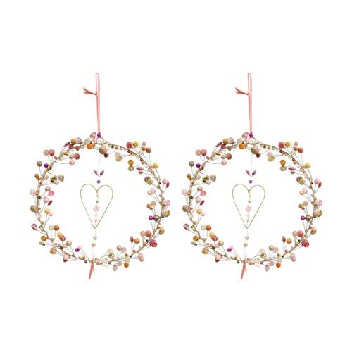 2PK LVD Salmon Rose Beaded Hanging Ornament Wreath Seasonal Decor 17cm