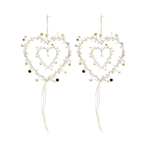 2PK LVD Handcrafted Ivory Gold Beaded Heart Hanging Decorative Ornament 17cm