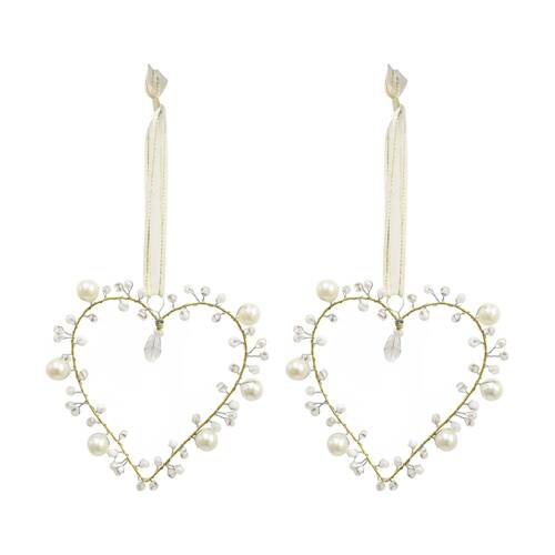 2PK LVD Handcrafted Petite Beaded Wire Heart Hanging Decorative Ornament Ivory