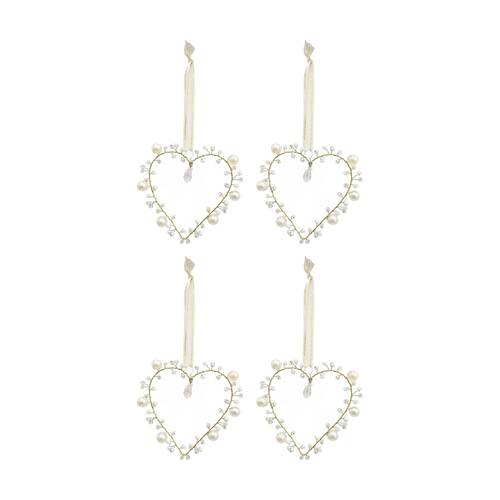 4PK LVD Handcrafted Petite Beaded Wire Heart Hanging Decorative Ornament Ivory