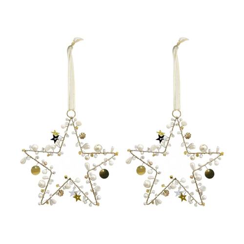 2PK LVD Handcrafted Beaded Wire Star Hanging Decorative Ornament Ivory Gold