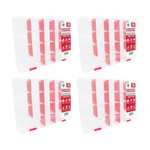 4PK Braz Multi-Compartment Storage Box W/ 18 Dividers Sections 24x17x4cm Clear