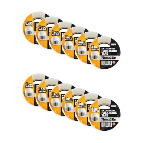 12PK Tool Masters Adhesive Extra Wide Packaging Tape Roll 72mm x 150m Clear