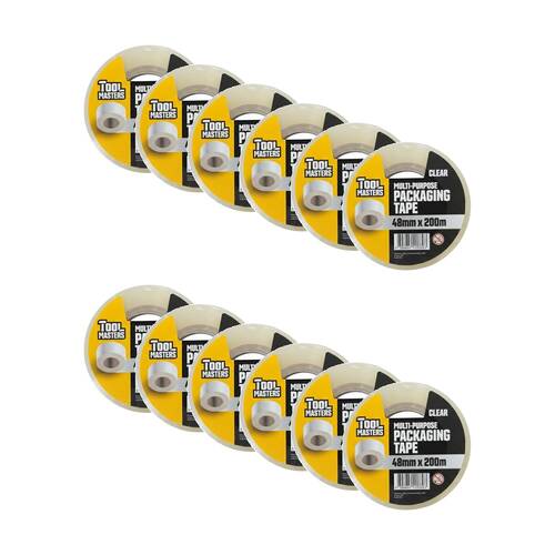 12PK Tool Masters Multi-Purpose Adhesive Packaging Tape Roll 48mm x 200m Clear