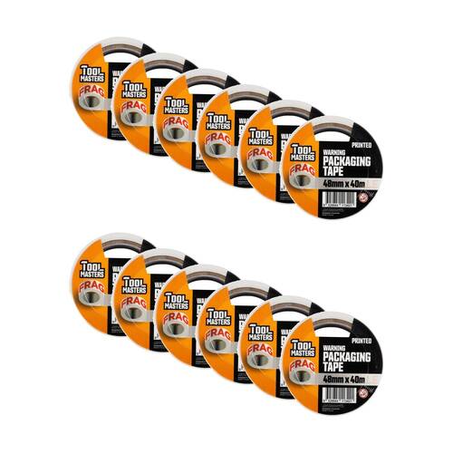 12PK Tool Masters Warning Fragile Printed Packaging Tape Roll 48mm x 40m