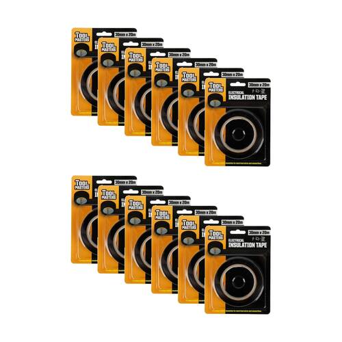 12PK Tool Masters Electrical Adhesive Insulation Tape Roll 30mm x 20m Black