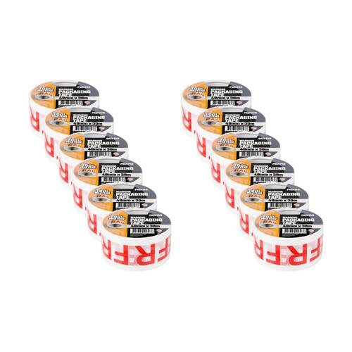 12PK Tool Masters Warning Fragile Printed Packaging Tape Roll 48mm x 30m