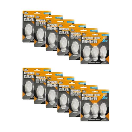 12x 3pc Tool Masters Removeable Oval Hooks Set Holds 2kg 53x33mm White