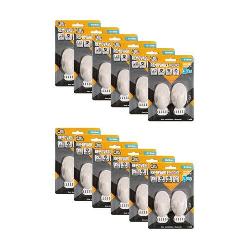 12x 2pc Tool Masters Removeable Oval Hooks Set Holds 3kg 62x38mm White