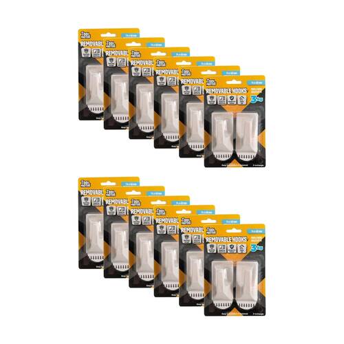 12x 2pc Tool Masters Removeable Rectangluar Hooks Set Holds 3kg 74x40mm White