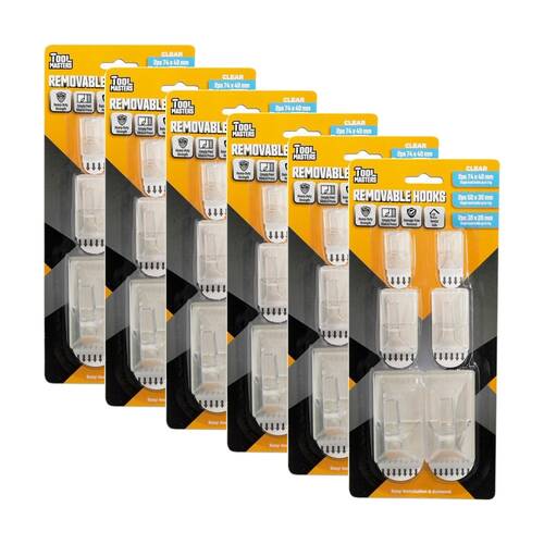 6x 6pc Tool Masters Removeable Rectangluar Hooks Set Multi Sizes Clear