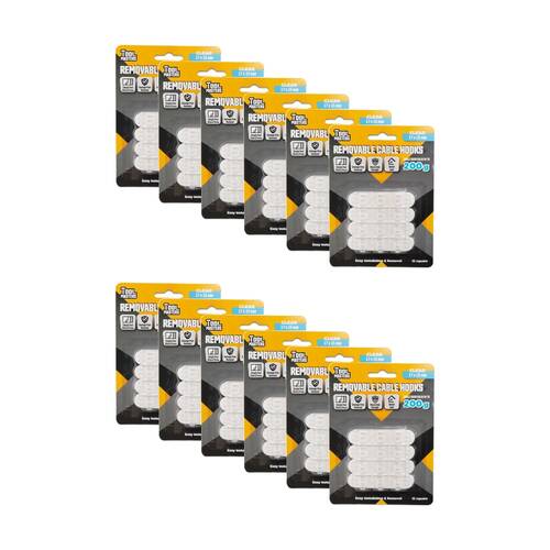 12x 12pc Tool Masters Removeable Cable Hooks Set Holds 200g 17x15mm Clear
