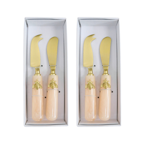 2x 2pc LVD Entertaining Mix Bee Cheese Knife Marbleised Resin Set Gold/Pink