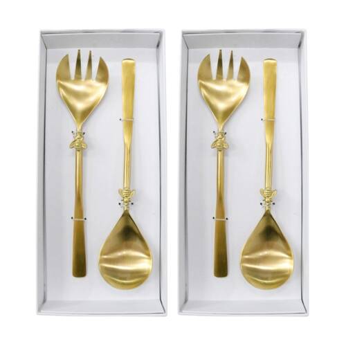 2x 2pc LVD Handcrafted Bee Motif Metal Salad Server Set 27cm Gold