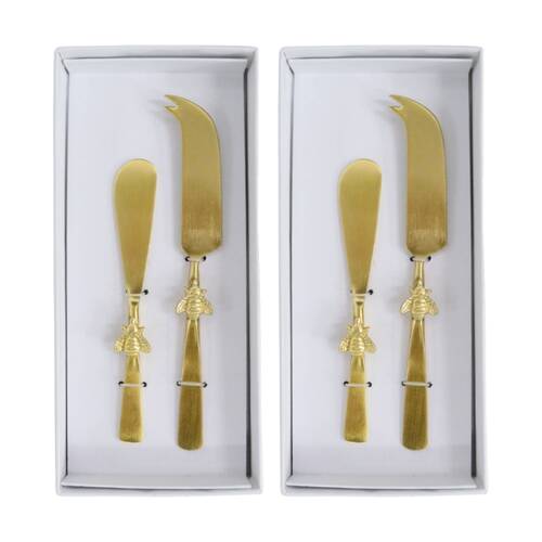 2x 2pc LVD Handcrafted Bee Motif Cheese Knife & Spreader Cutlery Set Gold