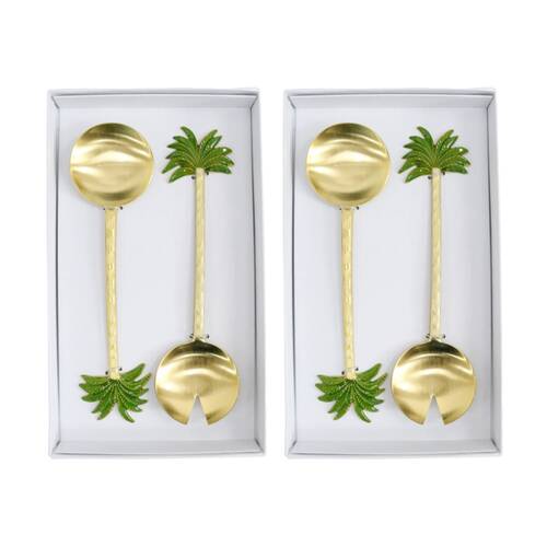 2x 2pc LVD Handcrafted Palm Metal Salad Server Set 28cm Gold/Green