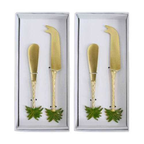 2x 2pc LVD Handcrafted Palm Tree Cheese Knife & Spreader Cutlery Set Gold/Green