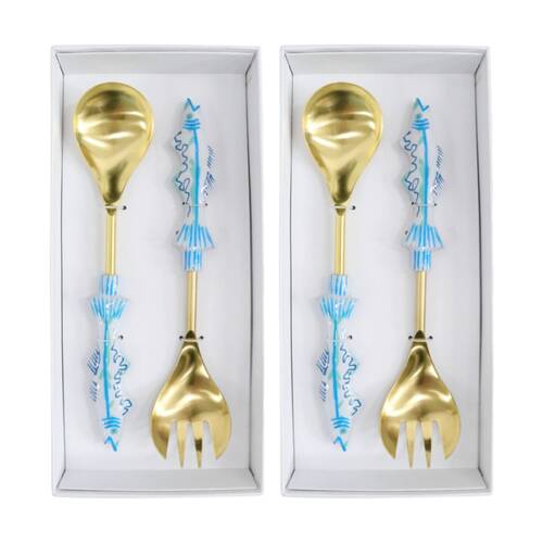 2x 2pc LVD Handcrafted Mediteranean Metal Salad Server Set 29cm Multicolour