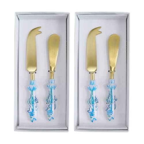 2x 2pc LVD Handcrafted Mediteranean Cheese Knife & Spreader Set Multicoloured