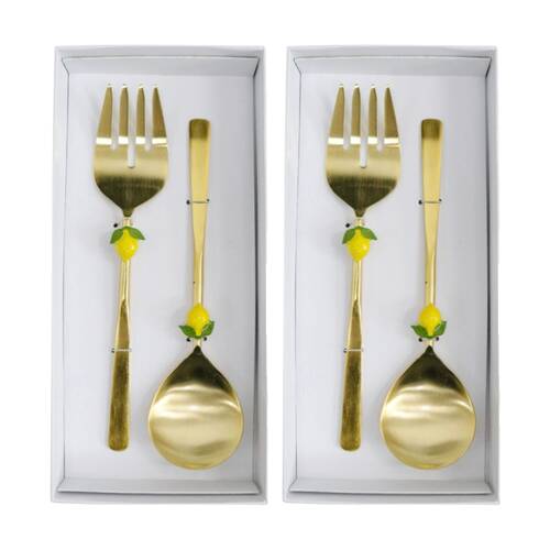 2x 2pc LVD Handcrafted Lemon Metal Salad Server Set 29cm Gold/Yellow/Green