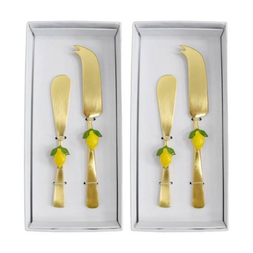 2x 2pc LVD Handcrafted Lemon Bamboo Cheese Knife & Spreader Set Multicoloured