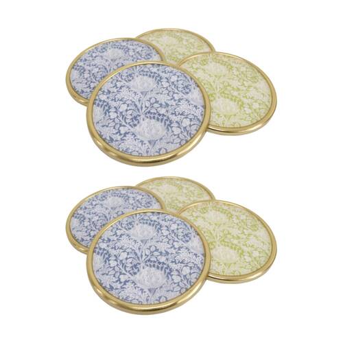 2x 4pc LVD Handcrafted William Morris Brass Trim Floral Metal Coaster Set 9cm