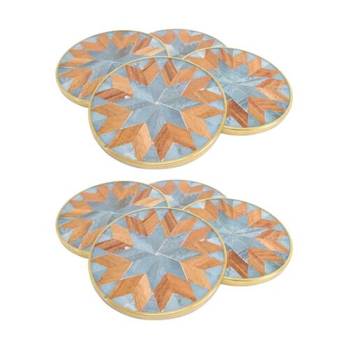 2x 4pc LVD Handcrafted Blue Marbelised Trim Metal Coaster Set Tableware 10cm