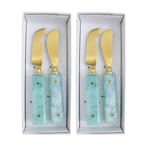 2x 2pc LVD Entertaining Mix Cheese Knife Marbleised Resin Cutlery Set Gold/Blue