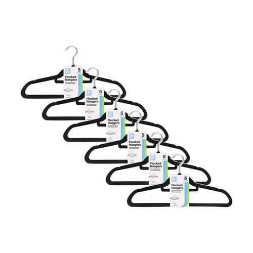 6x 5pc Braz Velvet Non-Slip Clothes Hangers W/ Metal Hook Adult Black