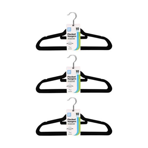 3x 10pc Braz Velvet Non-Slip Clothes Hangers W/ Metal Hook Adult Black