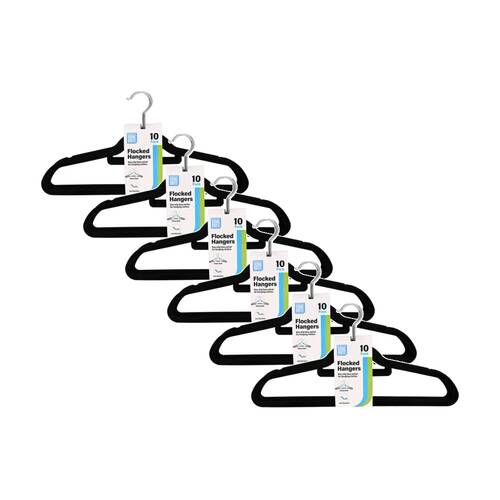 6x 10pc Braz Velvet Non-Slip Clothes Hangers W/ Metal Hook Adult Black
