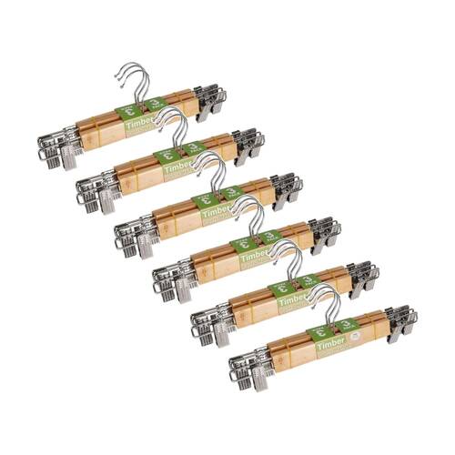 6x 3pc Braz Timber Pants Hangers With Metal Clips Wardrobe Clothing Storage