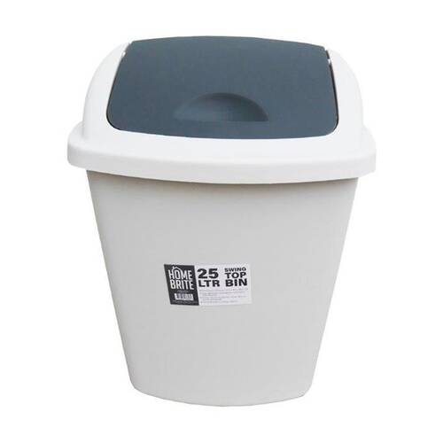 Braz Home Or Office Rubbish Bin Swing Top W/ Grey Lid 25L White