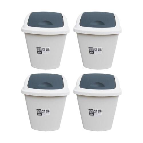 4PK Braz Home Or Office Rubbish Bin Swing Top W/ Grey Lid 25L White