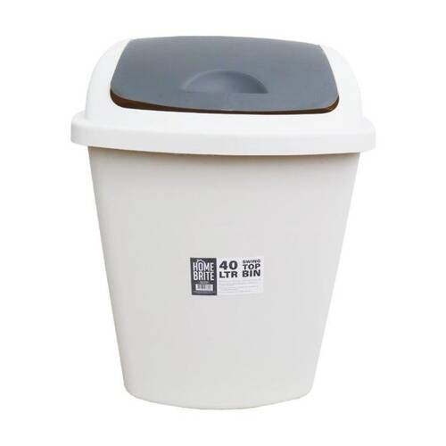Braz Home Or Office Rubbish Bin Swing Top W/ Grey Lid 40L White