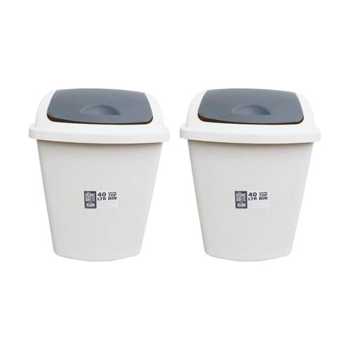 2PK Braz Home Or Office Rubbish Bin Swing Top W/ Grey Lid 40L White