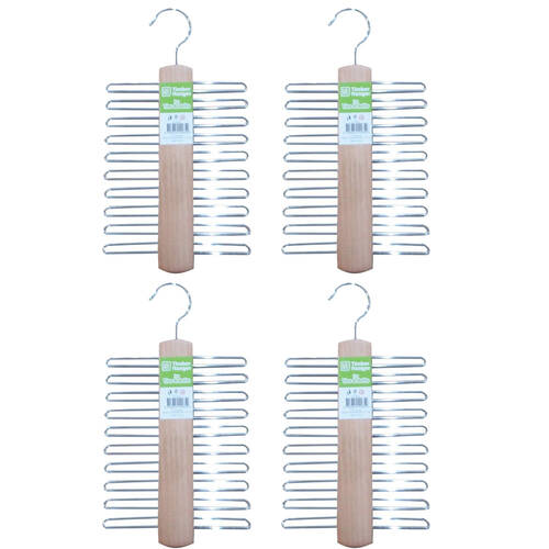 4PK Braz Tie Belt Organiser Hanger W/ Metal Tines & Hook Timber