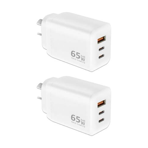 2PK Sansai 65W GaN Charger Fast 3-Port USB-C USB-A Charging Travel Adapter