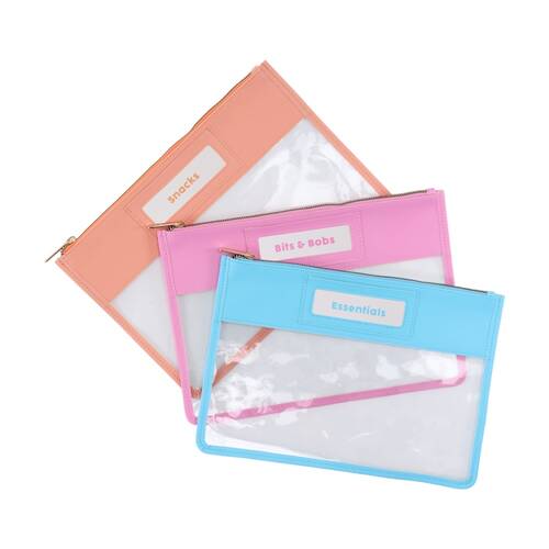 3pc iPack Pouch Set Clear Zip Closure Multi-Colour Travel 20.3x29.2cm