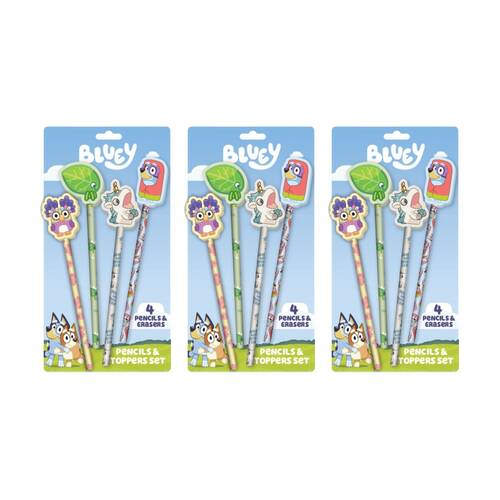3x 4pc Bluey Premium Ersable Gel Pen Pencil & Topper Set Characters
