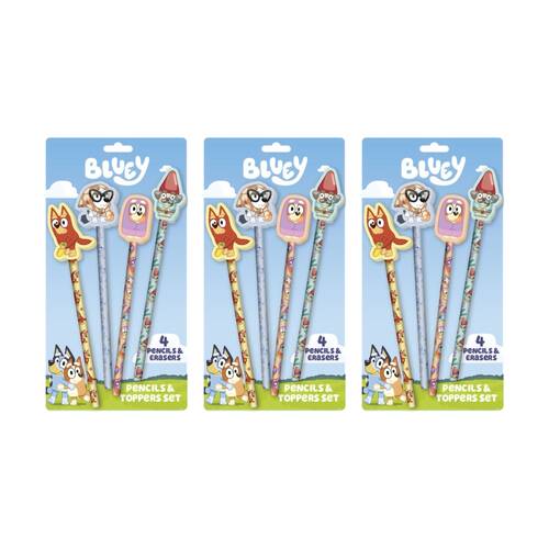 3x 4pc Bluey Premium Ersable Gel Pen Pencil & Topper Set Characters