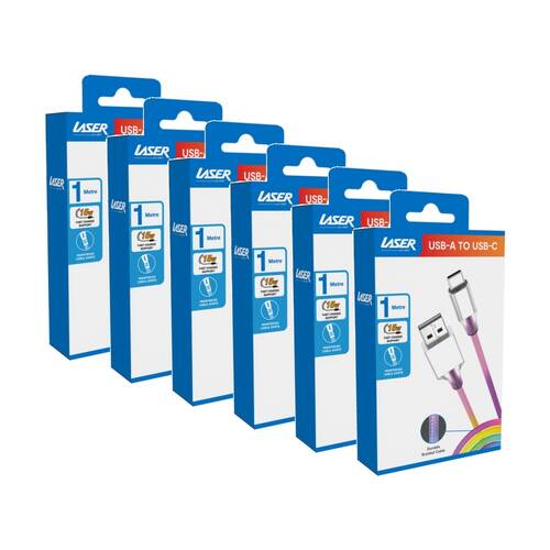 6PK Laser USB-A To USB-C Nylon-Braided Fast Charging Cable 1m Rainbow