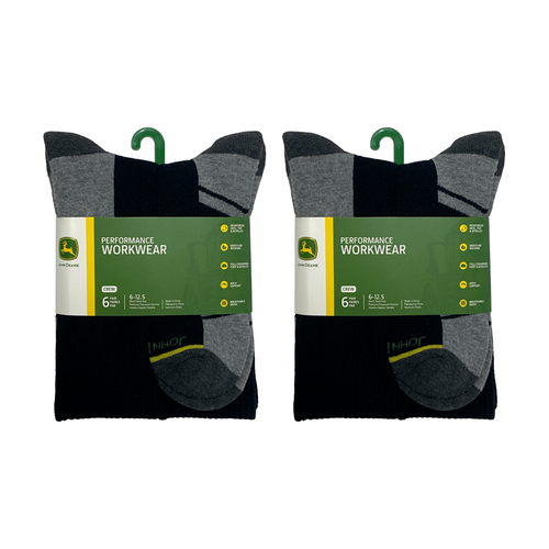 2x 6pc John Deere Crew Performance Socks (Size 10-13) Black Mens