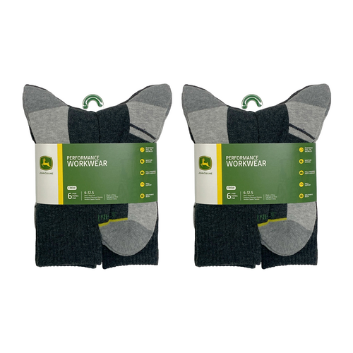 2x 6pc John Deere Crew Performance Socks (Size 10-13) Grey Mens