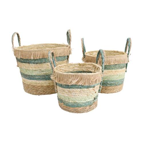 3pc LVD Amazon Woven Storage Basket Set Sml/Med/Lge W/ Handles Green/Teal/Beige