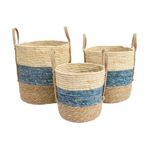 3pc LVD Hamptons Woven Storage Basket Set Sml/Med/Lge W/ Handles Blue/Natural