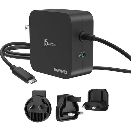 J5Create 2-Port GaN PD USB-C 102W?Charger W/ Changeable AC Plugs